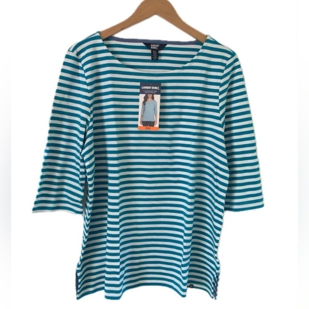 Lands End NEW XXL Womens 3/4 Sleeve Boat Neck 100% Cotton Turquoise/Whit…
